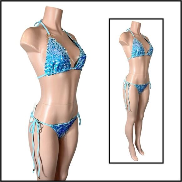 Beach Bunny Blue Icon Triangle Top & Icon Tie Side Skimpy Bottom $250 - Picture 9 of 12